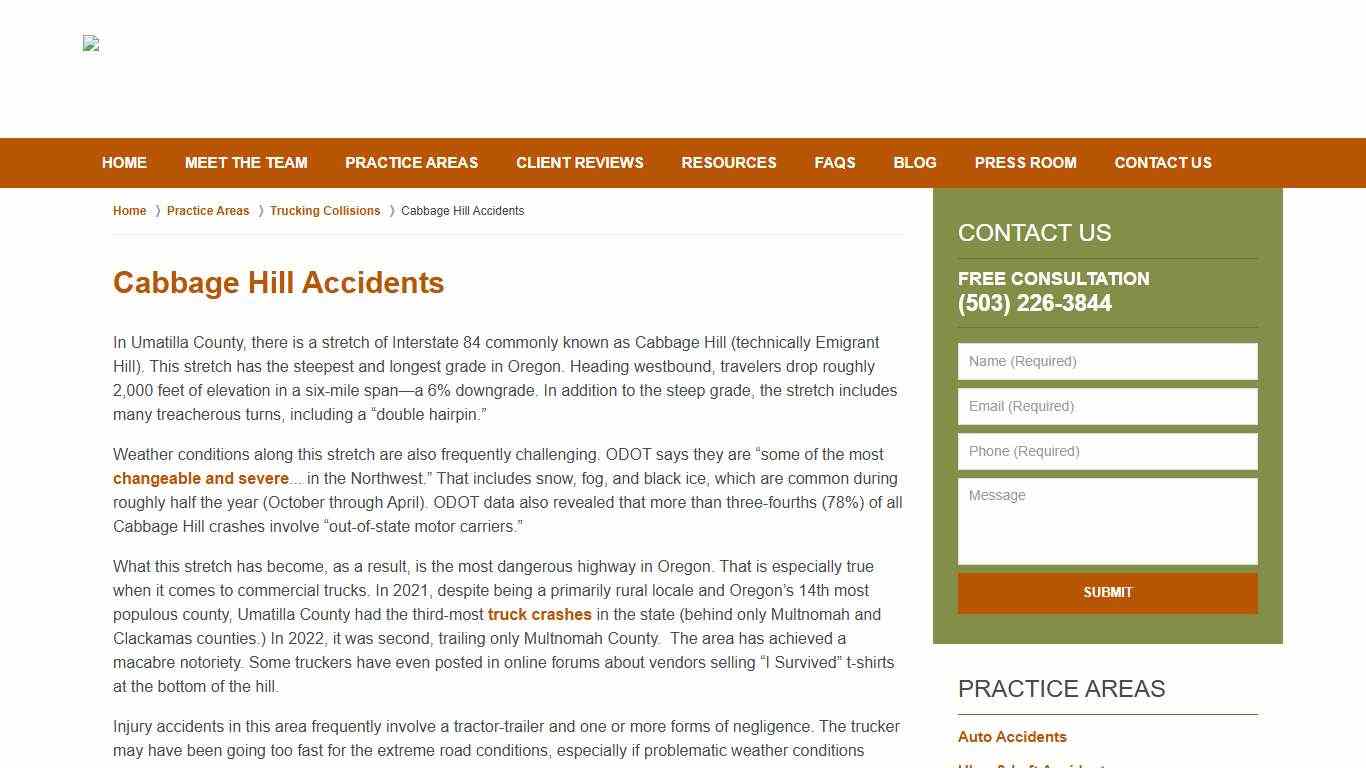 Cabbage Hill Accidents Umatilla County Personal Injury Lawyers